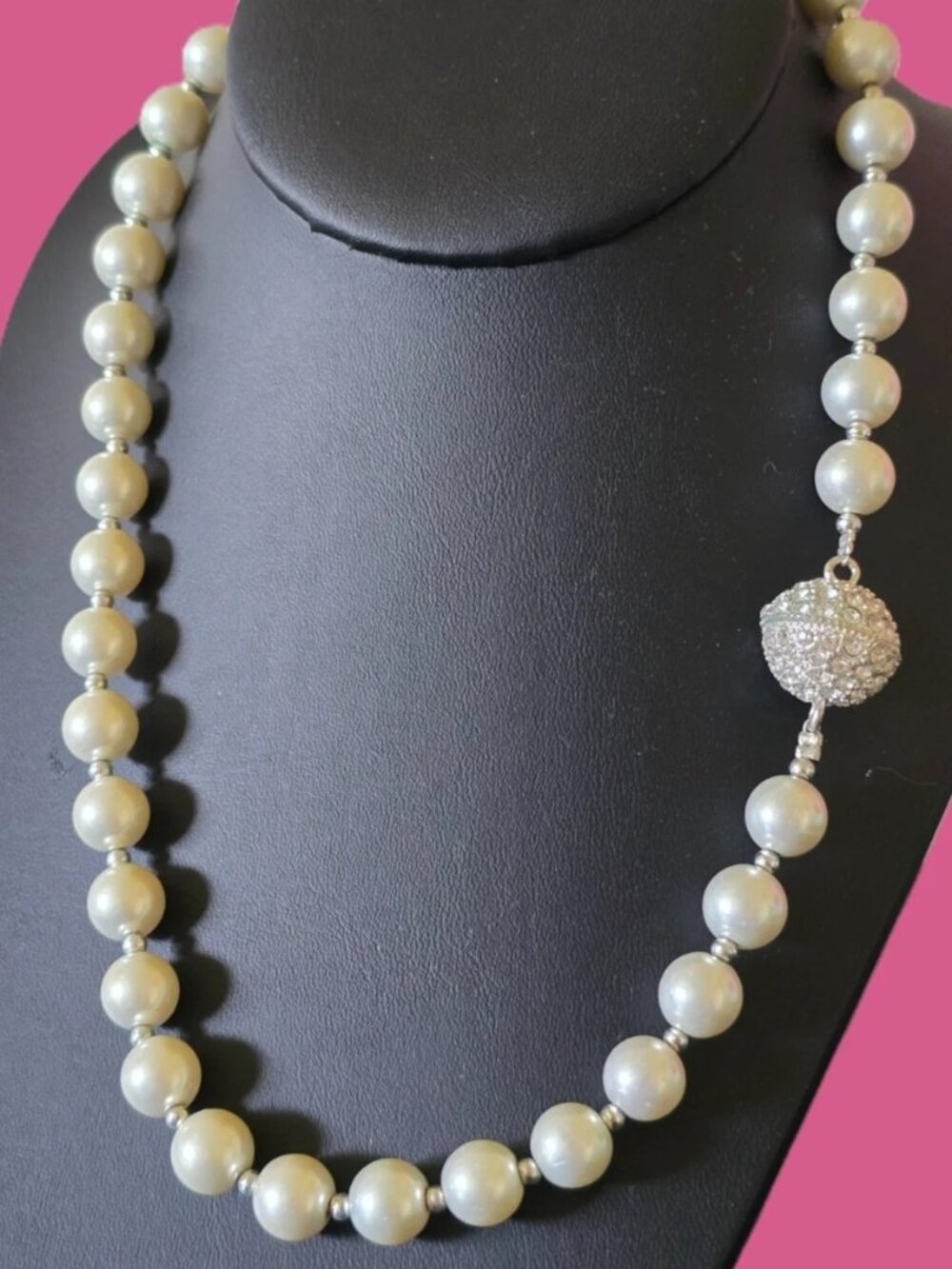 Vintage Pearl Necklace Pavé Diamond magnet disco Ball Clasp silver filler beads